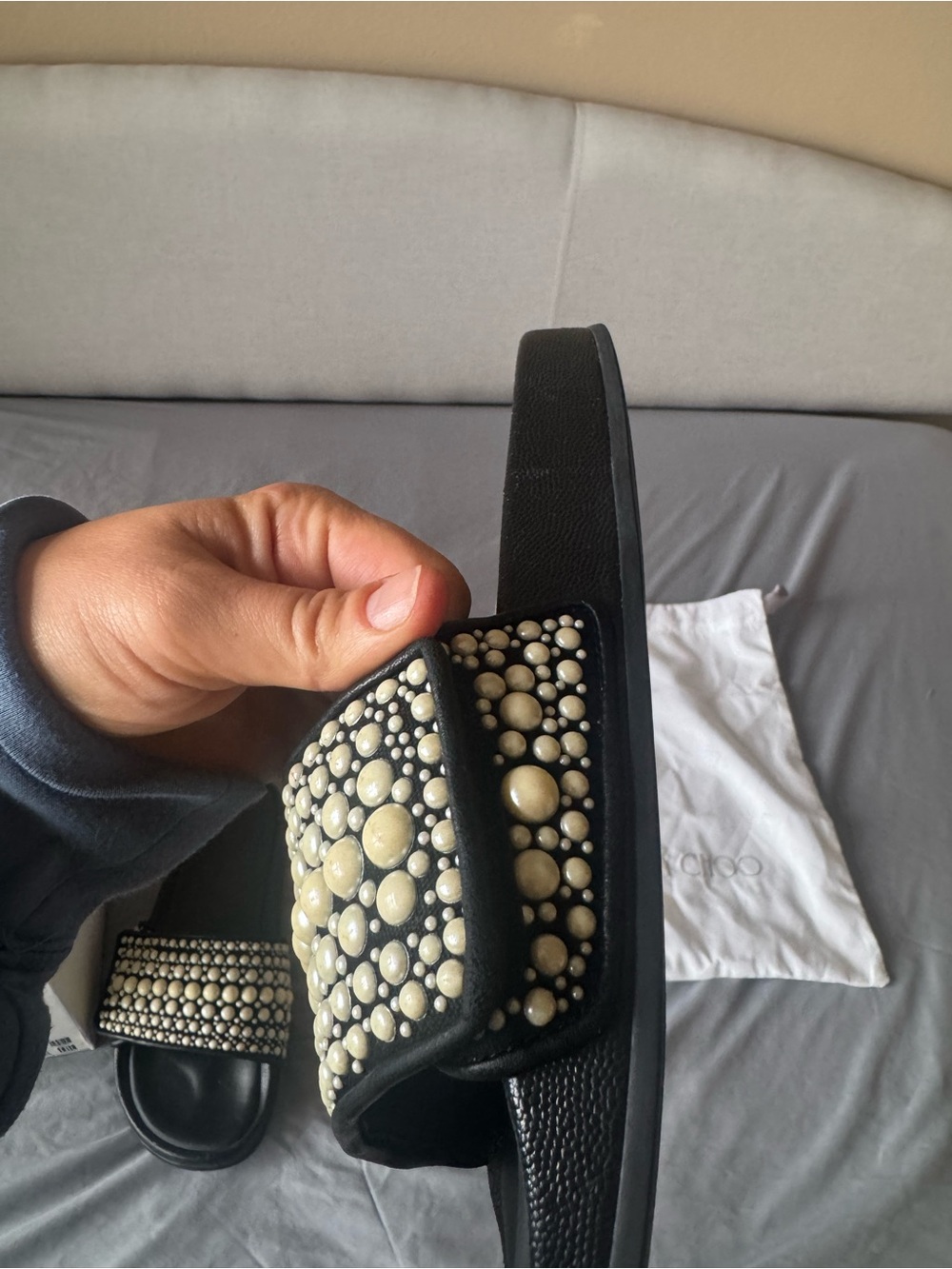 Jimmy Choo Black Slide Sandals with Pearl Embellishment - Picture 6 of 7
